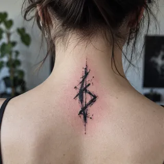 Abstract brushstroke style symbol back of neck tattoo