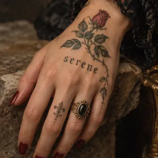 Rose and lettering hand tattoo with fleur de lis finger tattoo