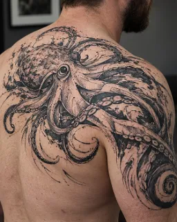 Black and grey octopus and waves shoulder blade tattoo