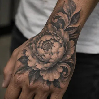Black and grey peony flower hand tattoo