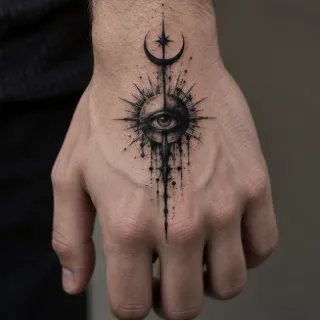 Blackwork eye and crescent moon hand tattoo