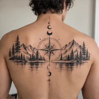 Blackwork mountain forest compass and moon phases back tattoo