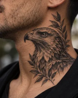 Realism eagle and leaves neck tattoo