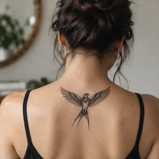 Fine line flying swallow bird upper back tattoo
