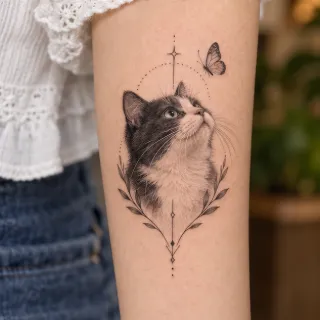 Fine line cat and butterfly forearm tattoo with floral frame
