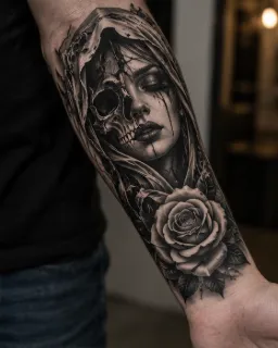 Realism skull face and rose forearm tattoo