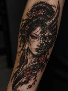 Half geisha half demon mask realism forearm tattoo