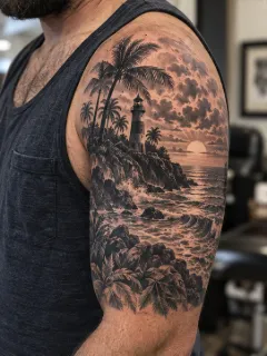 Realism lighthouse and tropical beach landscape upper arm tattoo