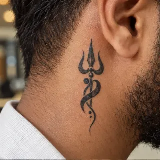Blackwork trident and abstract symbol neck tattoo