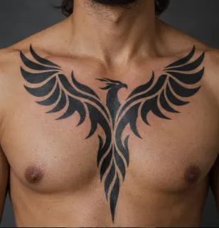 Blackwork phoenix bird chest tattoo