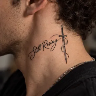 Still rising script and sword neck tattoo