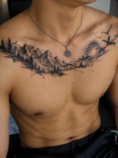 Blackwork mountain landscape with trees and sun chest tattoo