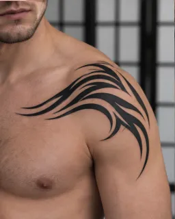 Black tribal style shoulder and chest tattoo