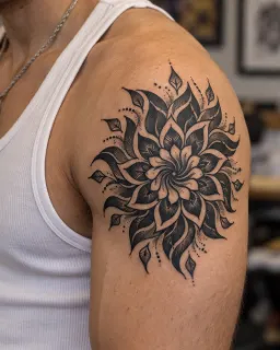 Blackwork mandala floral shoulder tattoo