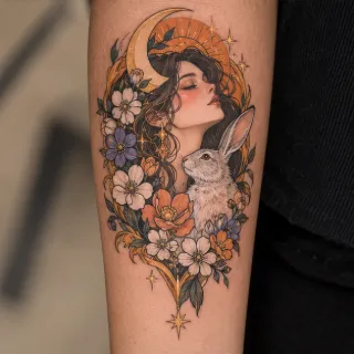 Woman with rabbit moon and flowers forearm tattoo