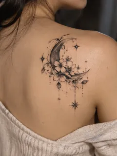 Fine line crescent moon and flower shoulder blade tattoo