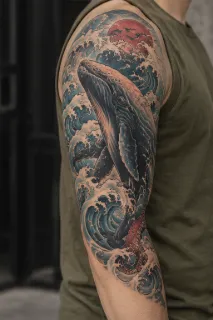 Japanese style whale and ocean wave upper arm tattoo