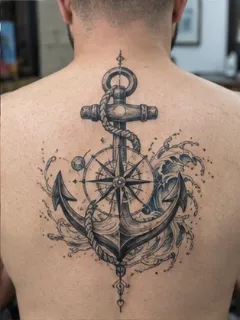 Anchor compass and wave nautical back tattoo
