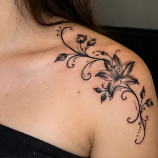 Black and grey floral shoulder tattoo with swirling vines