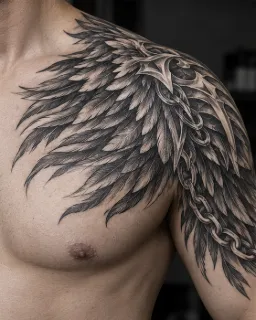 Realism wing and chain shoulder and chest tattoo