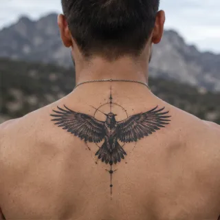 Geometric eagle bird with circular frame upper back tattoo