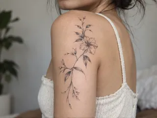 Fine line floral vine shoulder tattoo