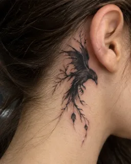 Blackwork raven and branch behind the ear tattoo