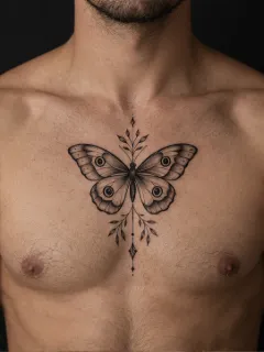 Fine line butterfly and botanical sternum chest tattoo