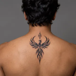Blackwork phoenix bird upper back tattoo