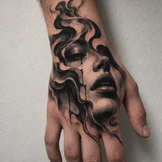Realism portrait of a face with flowing smoke hand tattoo