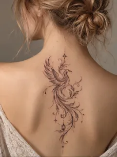 Fine line phoenix and floral ornament upper back tattoo