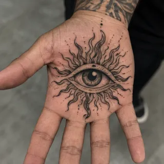 Blackwork sun and eye palm tattoo