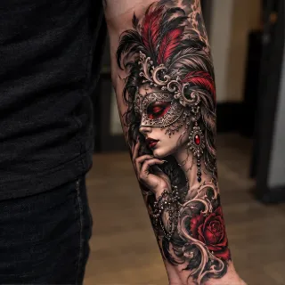 Realism masquerade woman with feathers and rose forearm tattoo