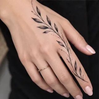 Fine line botanical leaf branch hand and finger tattoo