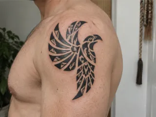 Tribal style bird shoulder tattoo with blackwork patterns