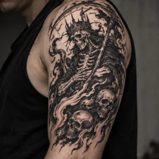 Grim reaper with crown and skulls blackwork upper arm tattoo