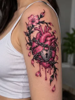 Anatomical heart with chains and flowers upper arm tattoo