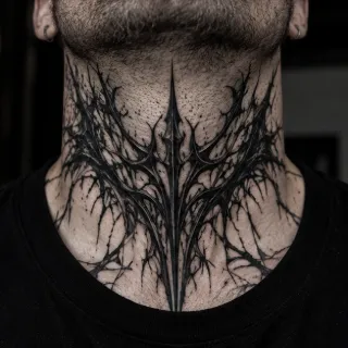 Blackwork abstract gothic thorn neck tattoo