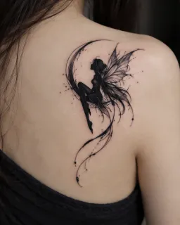 Blackwork fairy sitting on crescent moon shoulder blade tattoo