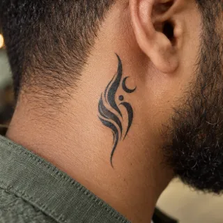 Abstract blackwork flame and crescent moon neck tattoo