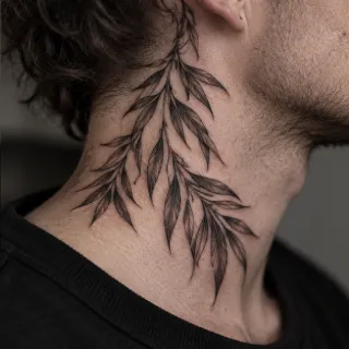 Fine line botanical leaves neck tattoo