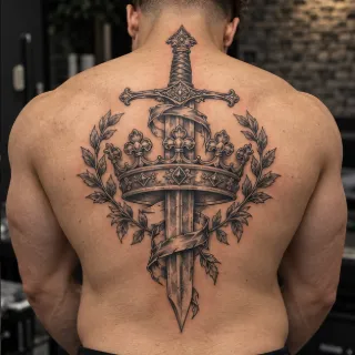 Realism sword crown and laurel wreath back tattoo