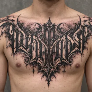 Blackwork gothic lettering and ornamental chest tattoo