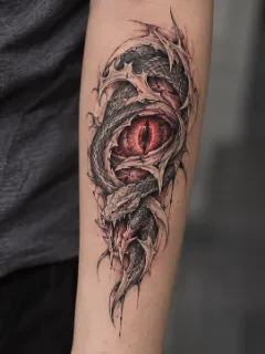 Realistic snake and red eye forearm tattoo
