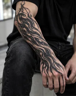 Abstract blackwork flowing ink style forearm and hand tattoo
