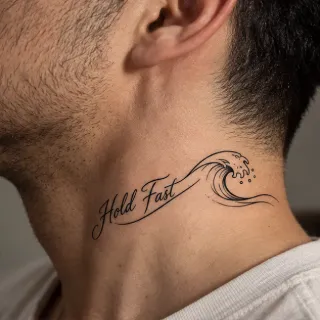 Fine line wave and script lettering neck tattoo