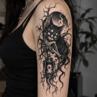 Dark surreal multi eyed cat with lantern upper arm tattoo
