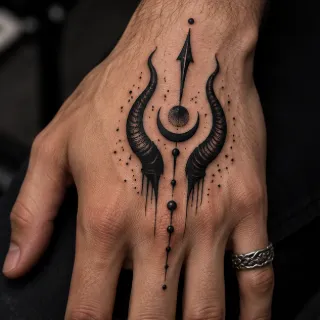 Blackwork horn and crescent moon geometric hand tattoo