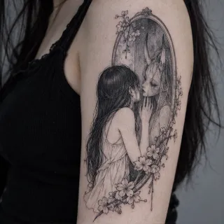 Fine line girl and demon reflection mirror upper arm tattoo