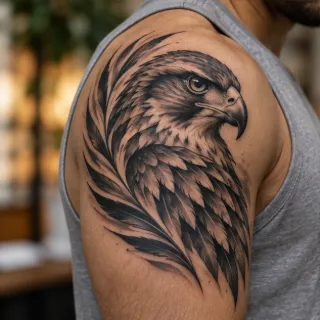 Black and grey eagle portrait shoulder tattoo